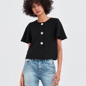 Zara Trf Gold Button Front Boxy Popover Blouse Top